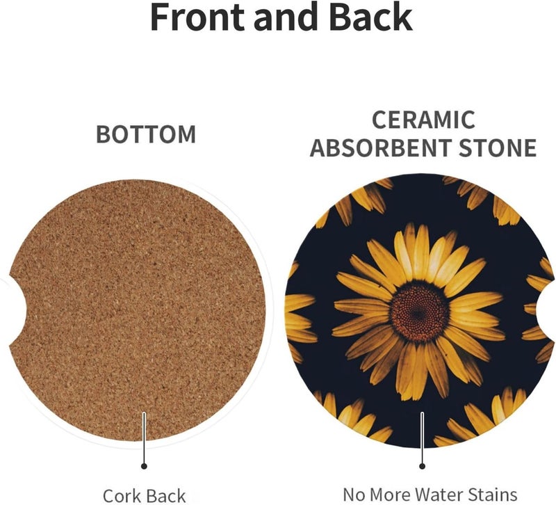 GACCAP Car Coasters for Cup Holders, 2 Pack Absorbent Ceramics Anti Slip Universal 2.56 Inch Car Cup Coaster for Women Men, Car Interior Accessories - Sunflowers Flowers Floral - Image 2